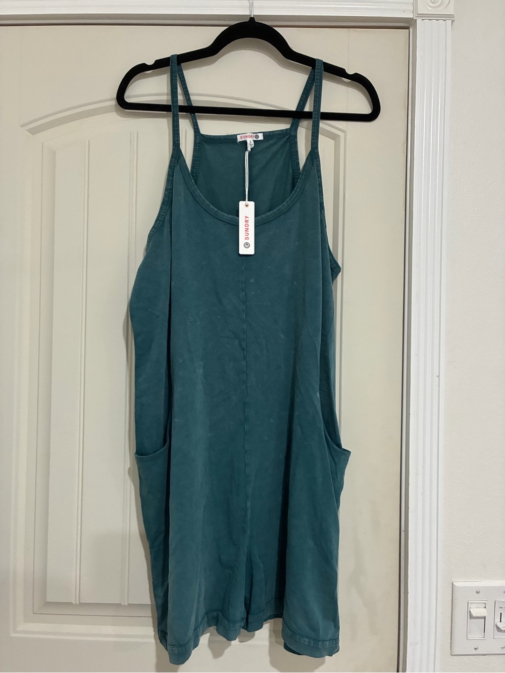 Sundry Teal Sleeveless Romper with Side Pockets
